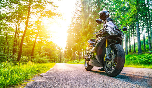 Low angle view of motorcycle parked on road in forest