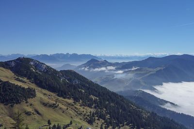 Scenic view of mountains against clear blue sky