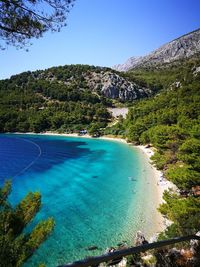 Scenic view of sea against clear blue sky