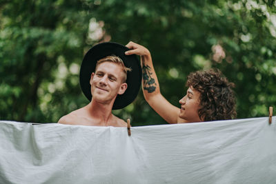 Portrait of couple kissing