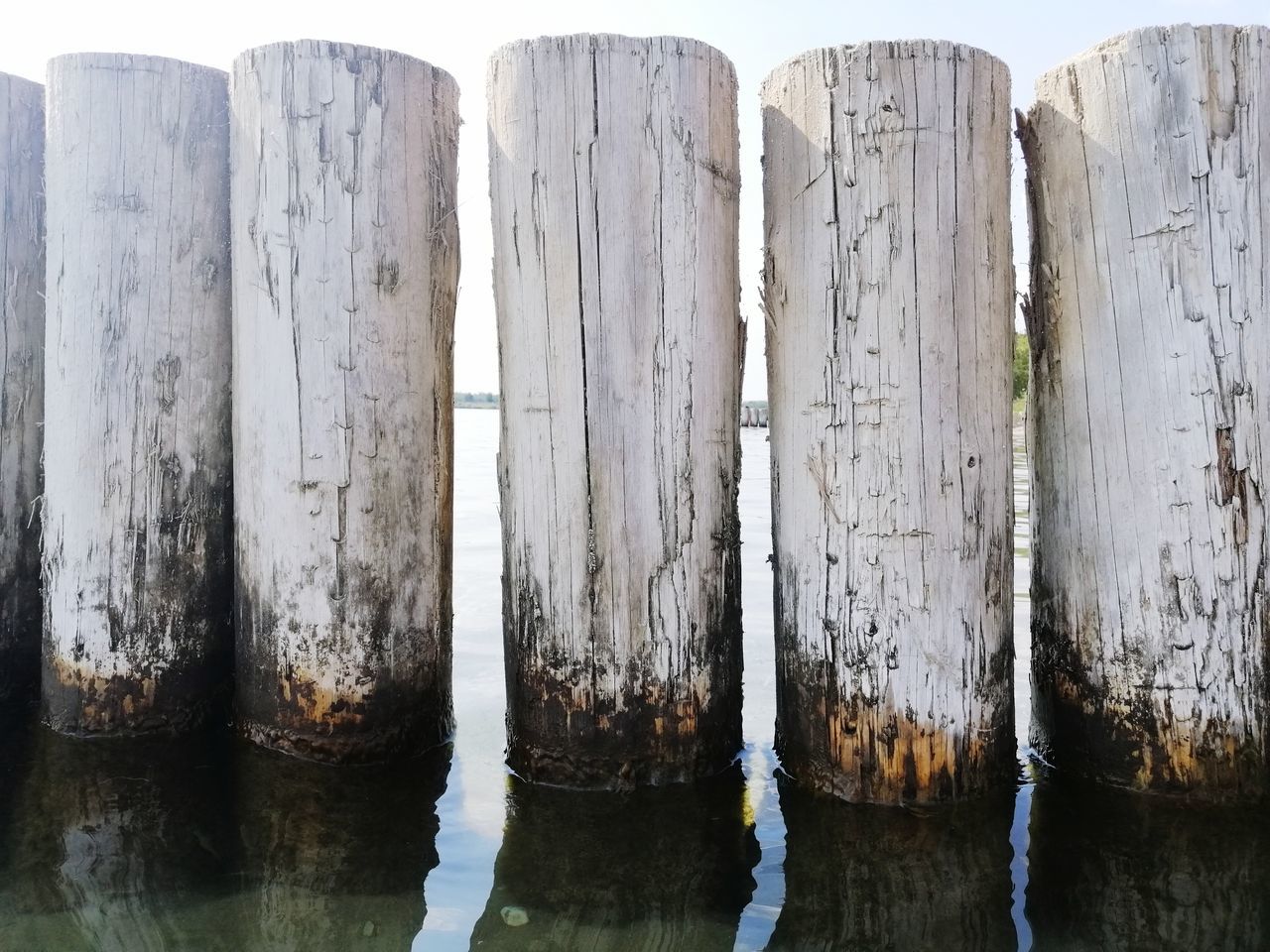 wood - material, no people, water, side by side, in a row, day, nature, outdoors, group of objects, close-up, rock, wooden post, solid, pattern, post, reflection, architecture, rock - object, built structure
