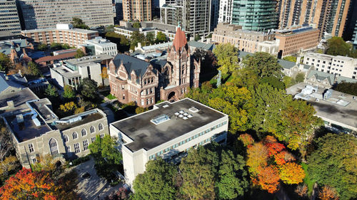 High angle view of buildings in city