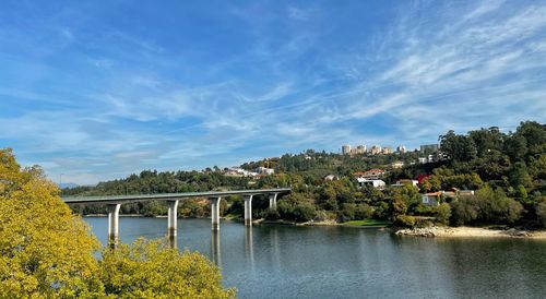 Bridge over river by buildings against sky