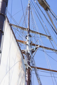 Low angle view of sailboat against clear blue sky