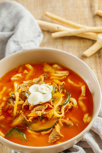 High angle view of soup in bowl