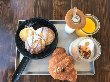 High angle view of breakfast on table