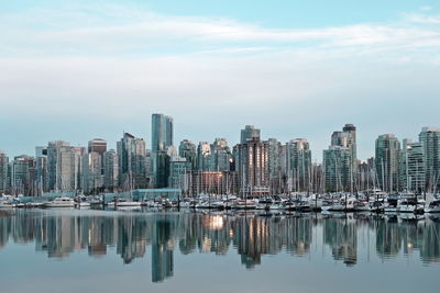 Reflection of buildings in city against sky