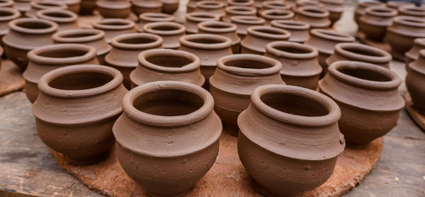 High angle view of earthen pots for sale at market