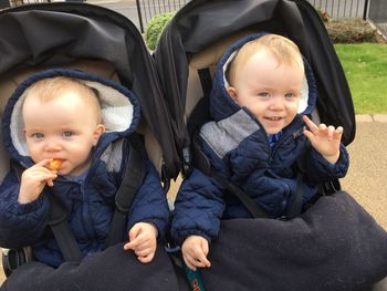 Portrait of baby boys sitting on carriage