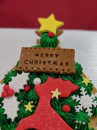 Close-up of cake served on table