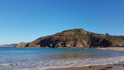 Scenic view of sea against clear blue sky