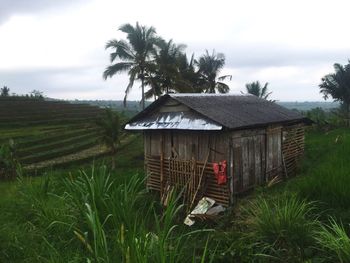 Houses on field against cloudy sky