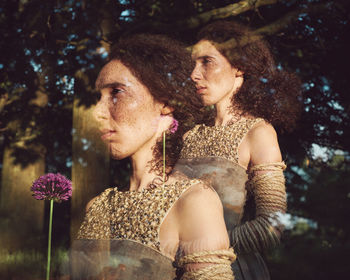 Multiple image of woman holding flower against tree