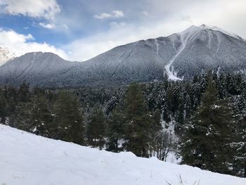 Scenic view of snowcapped mountains against sky