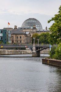 View along the river spree to the government district and the reichstag in berlin