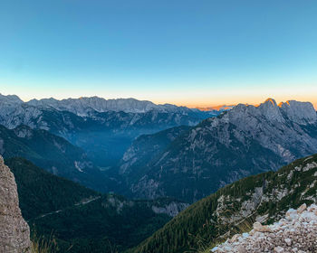 Scenic view of snowcapped mountains against clear sky