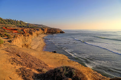 Scenic view of sea against clear sky during sunset