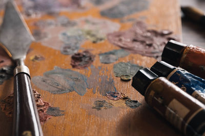 High angle view of equipment on table