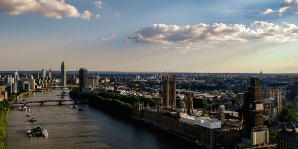 High angle view of buildings against cloudy sky