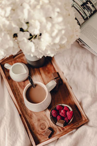 High angle view of breakfast served on table