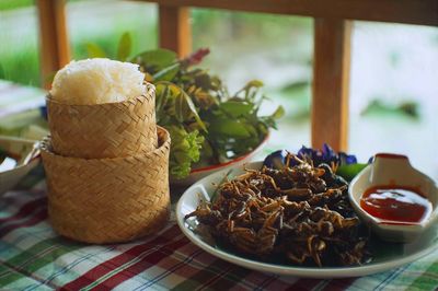Close-up of food in basket on table