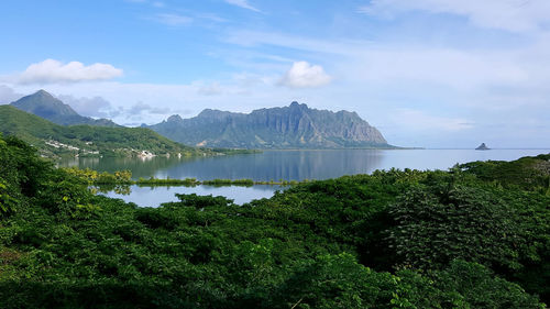 Scenic view of lake and mountains against sky