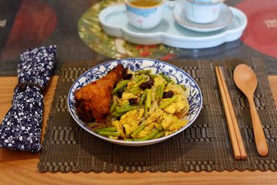High angle view of food in plate on table