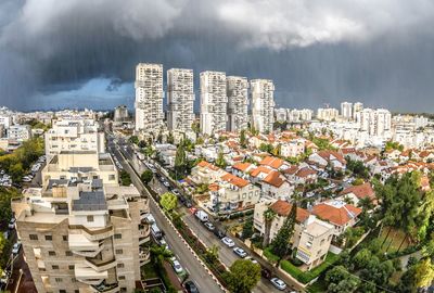 High angle view of buildings against sky