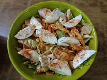 High angle view of food in plate on table