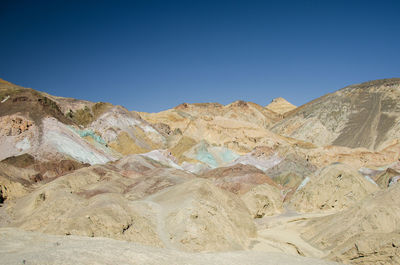 Scenic view of desert against clear blue sky