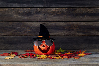 High angle view of pumpkin on table during autumn