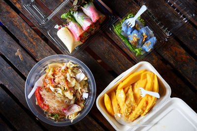 High angle view of food served on table