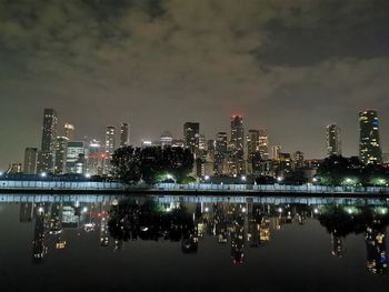 Reflection of illuminated buildings in city at night