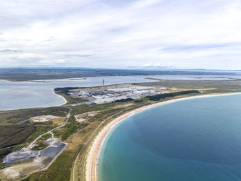 Drone view of tiwai point, bluff, south island of new zealand, known for a large aluminium smelter.