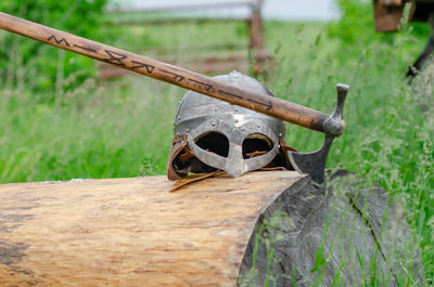 Ancient viking armor. helmet and ax. close-up. historical photo concept