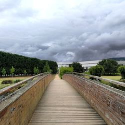 Empty wooden footbridge along plants