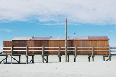 Built structure on snow covered landscape against sky