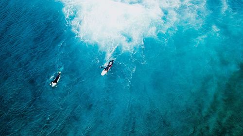 High angle view of people surfboarding in sea