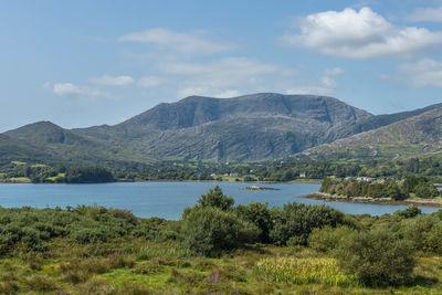 Scenic view of lake and mountains against sky