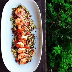High angle view of salad in bowl on table