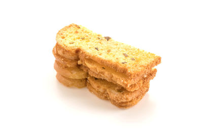 Close-up of cookies against white background