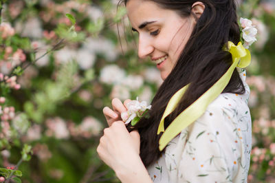 Hair ribbon, yellow ribbon, long hair, spring garden, flowering tree, hair braid, apple 