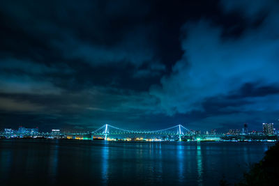 Illuminated bridge over river against sky at night