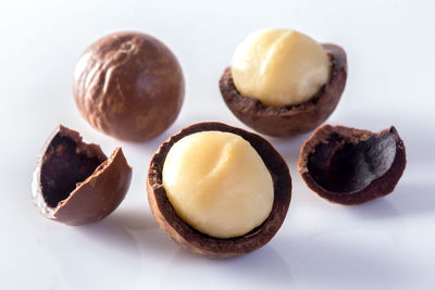 Close-up of cake against white background