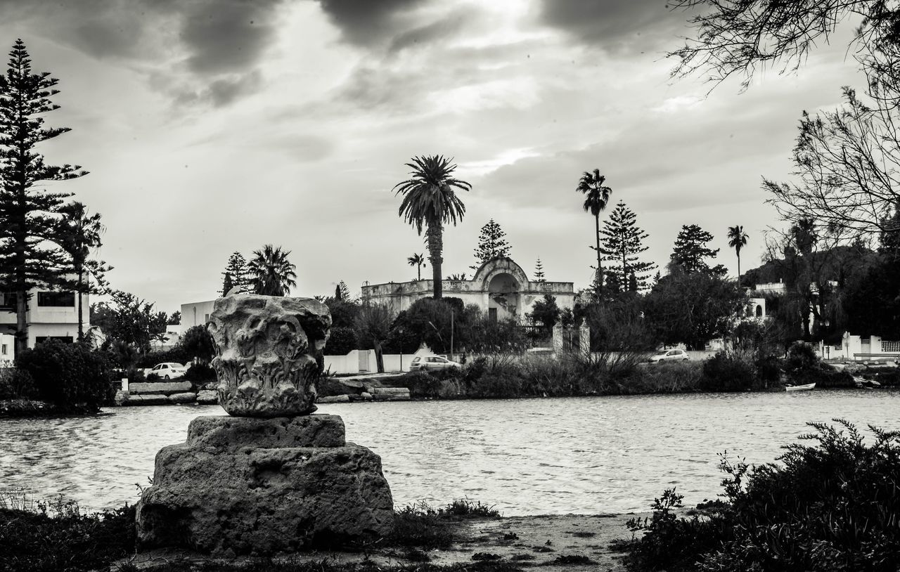 tree, sky, water, park - man made space, palm tree, cloud - sky, growth, outdoors, no people, sculpture, nature, architecture, built structure, day