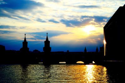 Reflection of buildings in river at sunset