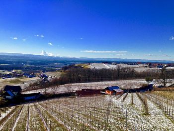 High angle view of agricultural field against blue sky