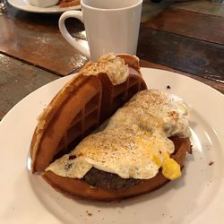 Close-up of breakfast served on table