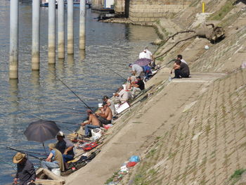 High angle view of people on the river