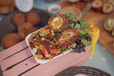 High angle view of food in plate on table